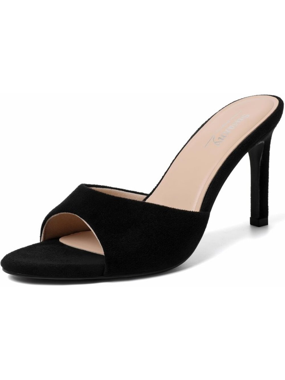 Women's Black Suede Mule High Heels Pointed Open Toe Sexy Slip on Casual Shoes